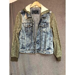 Rue21 Blue Denim Jacket Knit Sleeves Hooded Womens Large